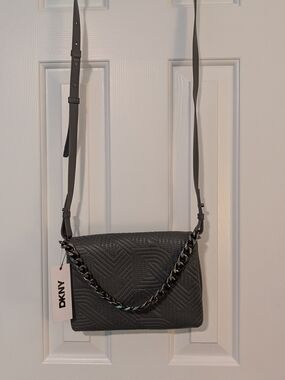 DKNY Quilted Dark Gray Chain-Trim Crossbody Bag